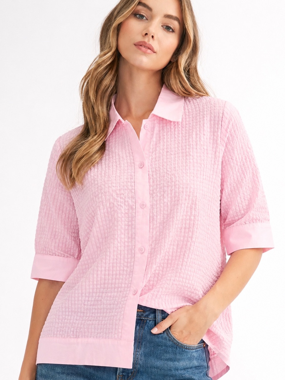 Joh Apparel Wanessa Textured Top Pink Size Small Popcorn Crinkle Button Down